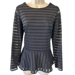 Elegant Eyelet Peplum Top Long Sleeve Black Blouse