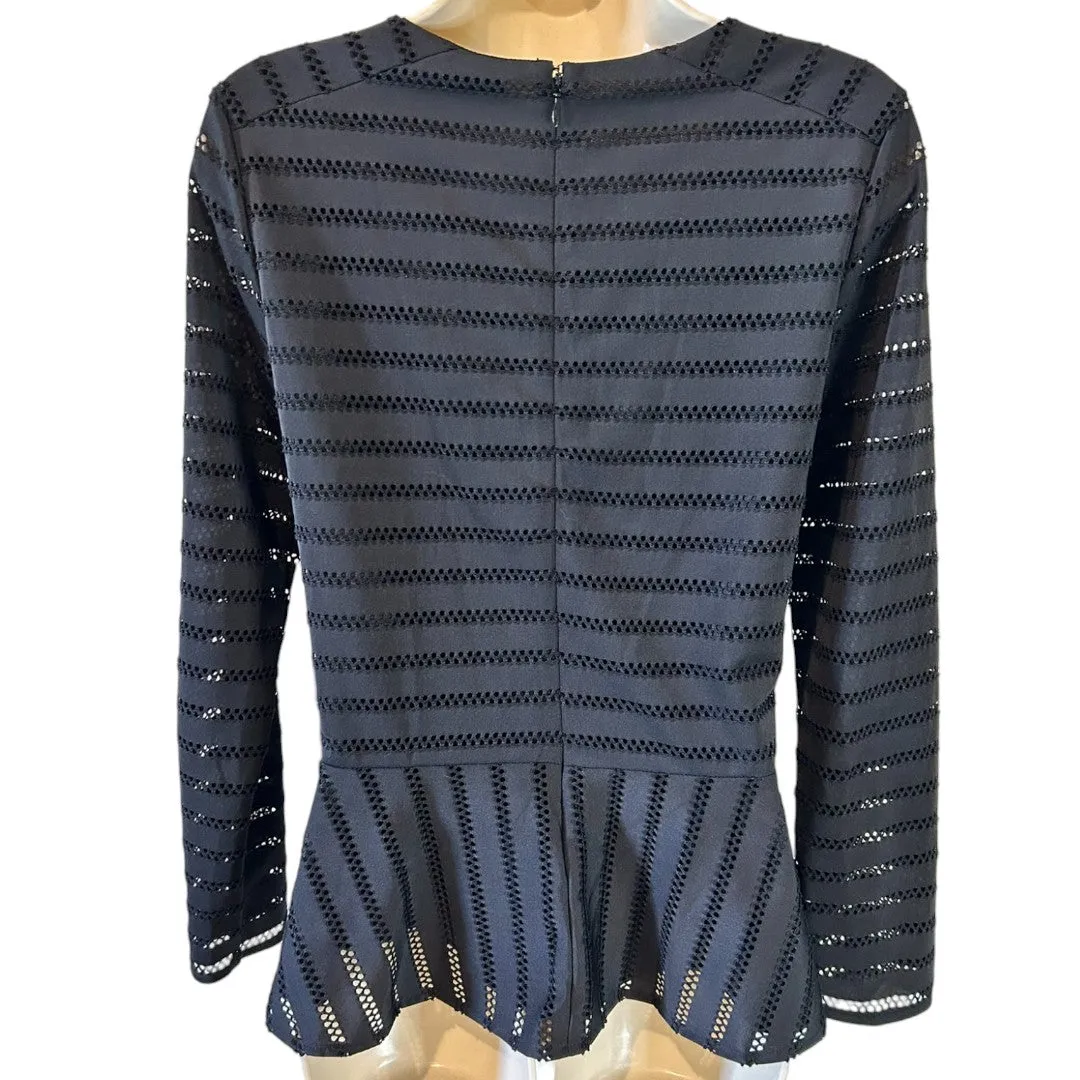 Elegant Eyelet Peplum Top Long Sleeve Black Blouse