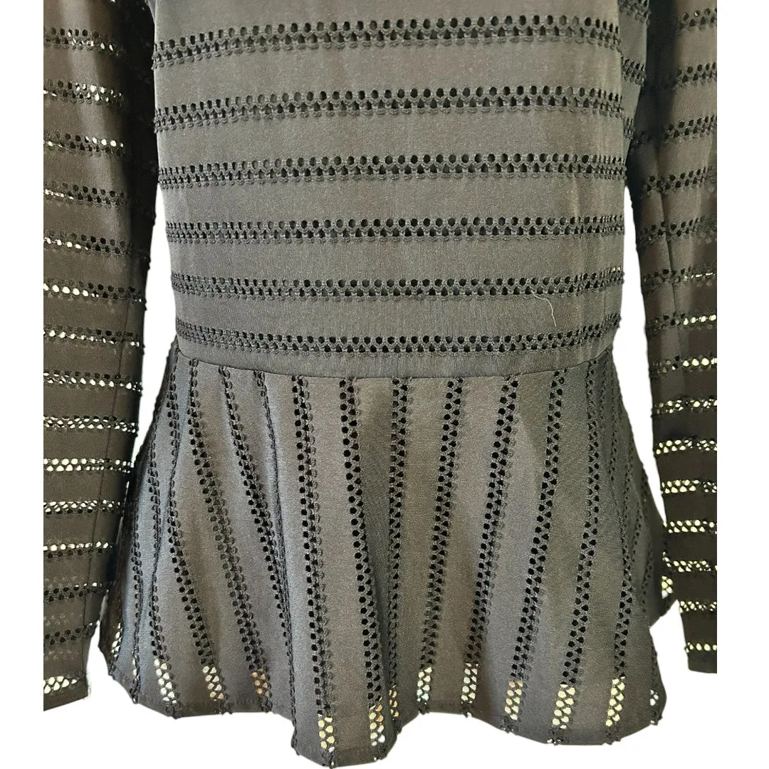 Elegant Eyelet Peplum Top Long Sleeve Black Blouse