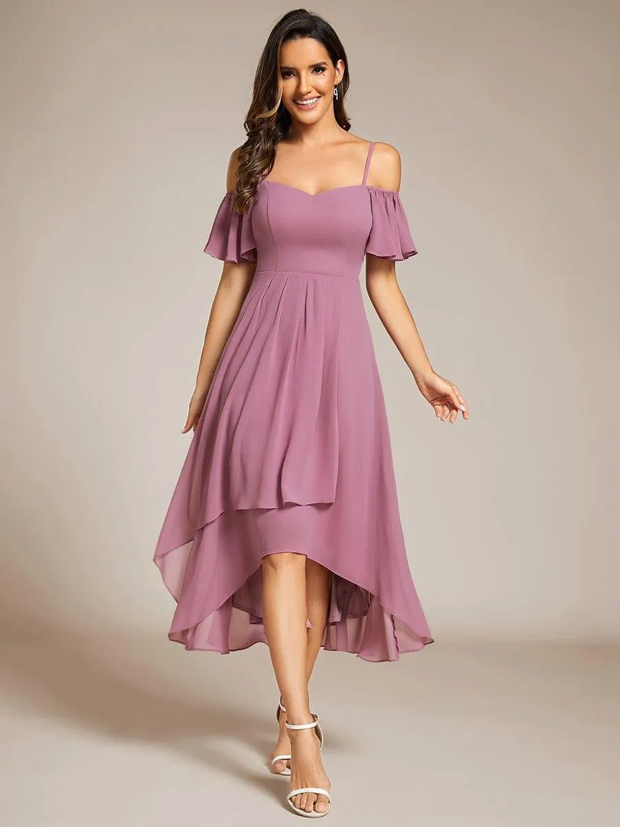Estelle | Spaghetti Strap Cold Shoulder Chiffon A-Line Midi Wedding Guest Dress