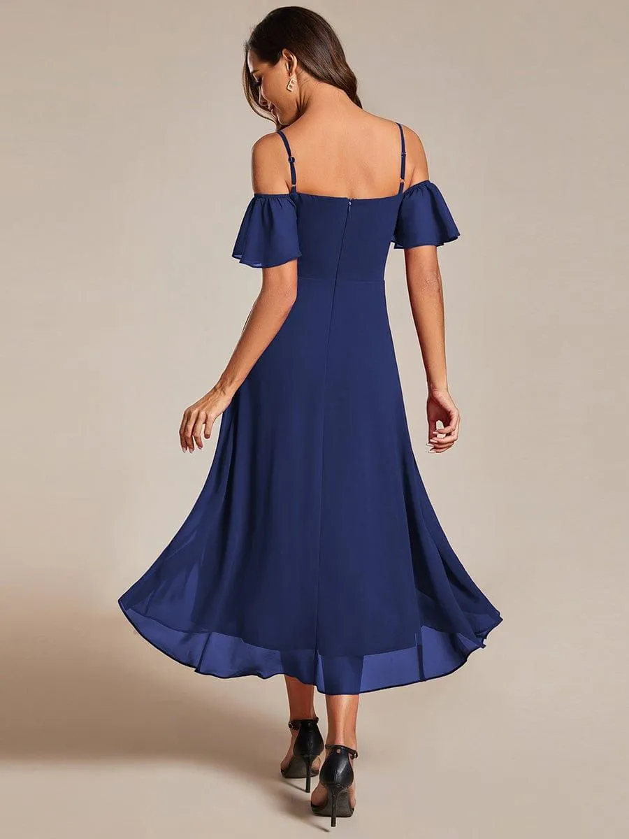 Estelle | Spaghetti Strap Cold Shoulder Chiffon A-Line Midi Wedding Guest Dress