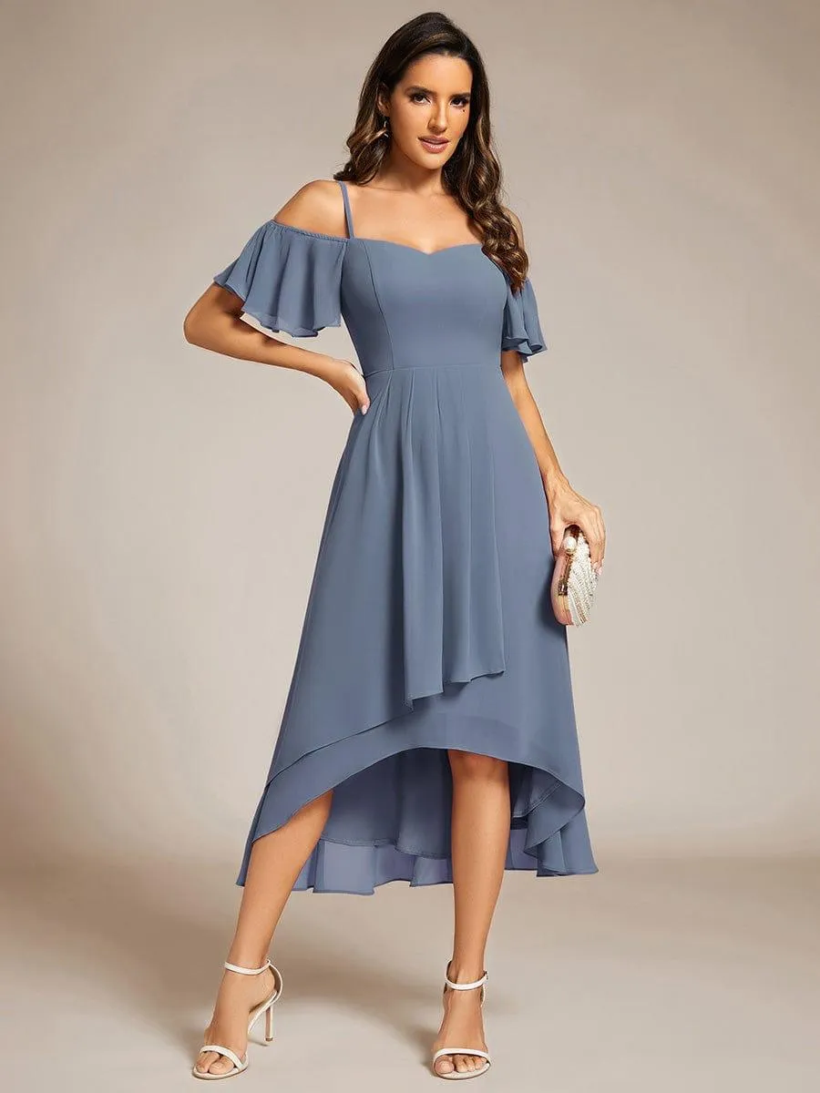 Estelle | Spaghetti Strap Cold Shoulder Chiffon A-Line Midi Wedding Guest Dress