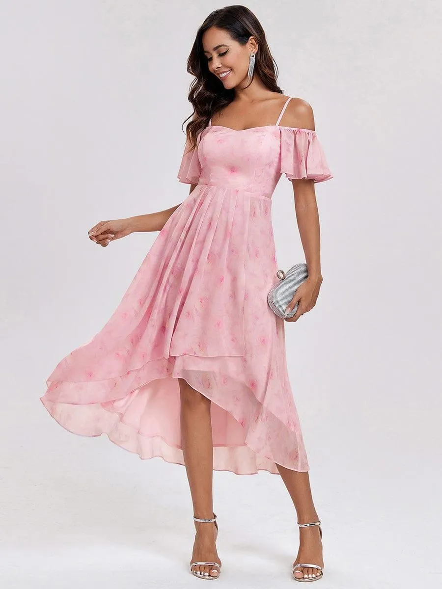 Estelle | Spaghetti Strap Cold Shoulder Chiffon A-Line Midi Wedding Guest Dress