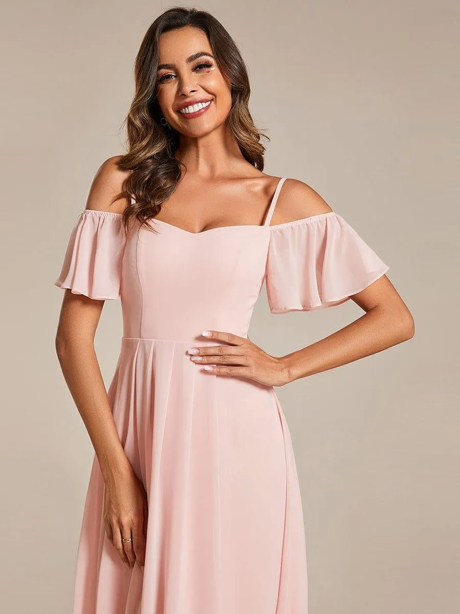 Estelle | Spaghetti Strap Cold Shoulder Chiffon A-Line Midi Wedding Guest Dress