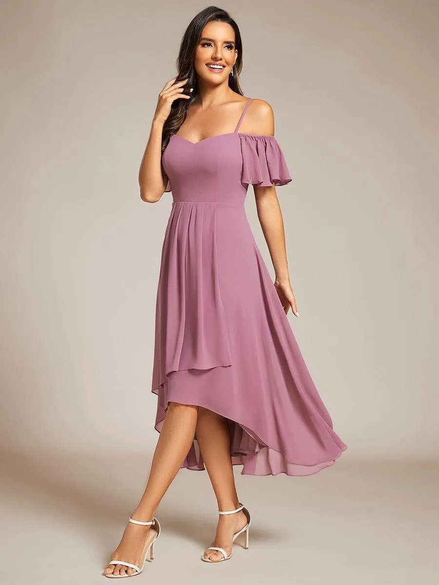 Estelle | Spaghetti Strap Cold Shoulder Chiffon A-Line Midi Wedding Guest Dress