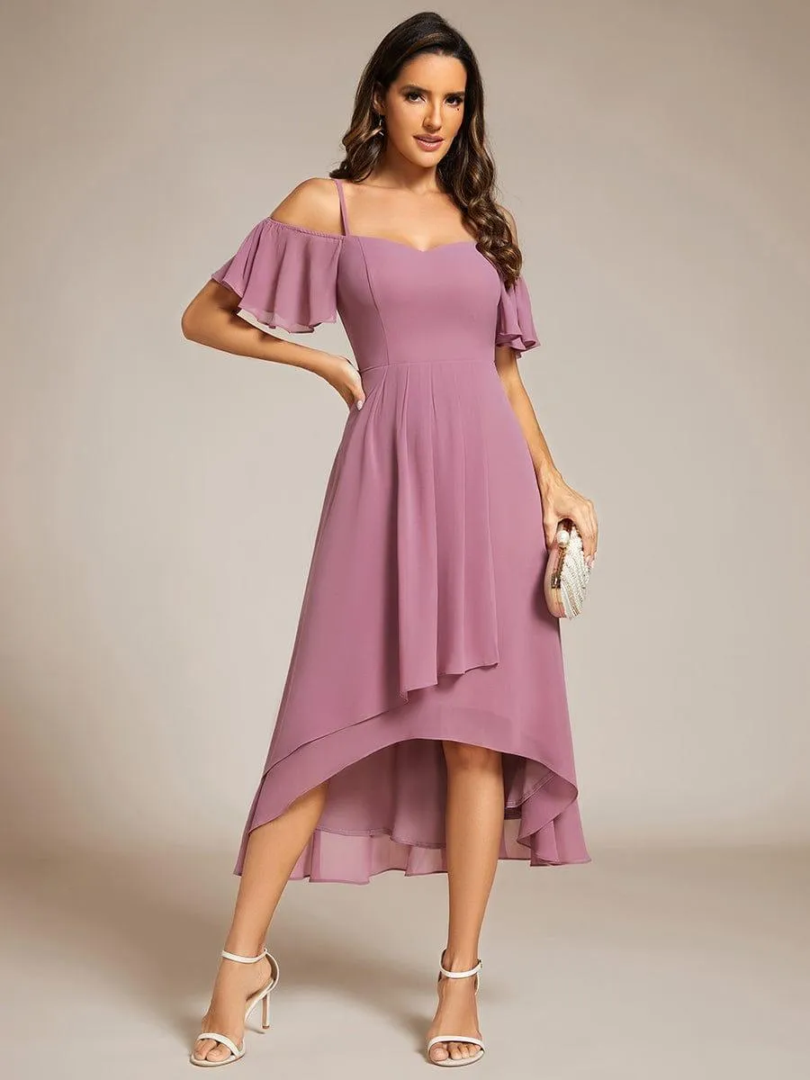 Estelle | Spaghetti Strap Cold Shoulder Chiffon A-Line Midi Wedding Guest Dress