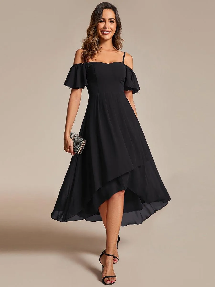Estelle | Spaghetti Strap Cold Shoulder Chiffon A-Line Midi Wedding Guest Dress