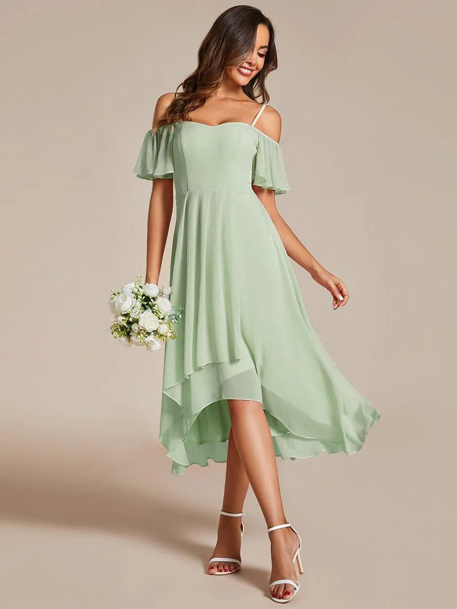Estelle | Spaghetti Strap Cold Shoulder Chiffon A-Line Midi Wedding Guest Dress
