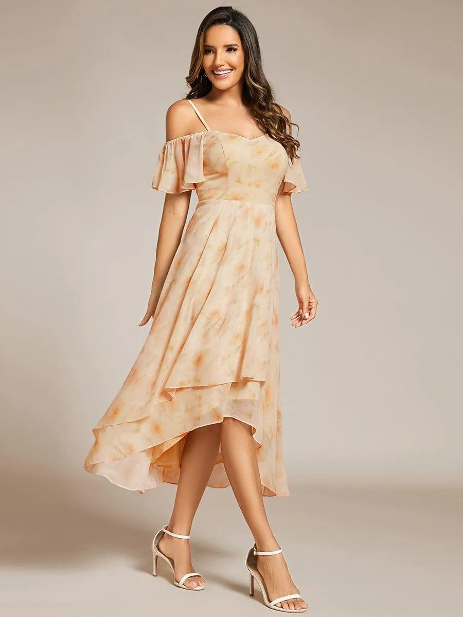 Estelle | Spaghetti Strap Cold Shoulder Chiffon A-Line Midi Wedding Guest Dress