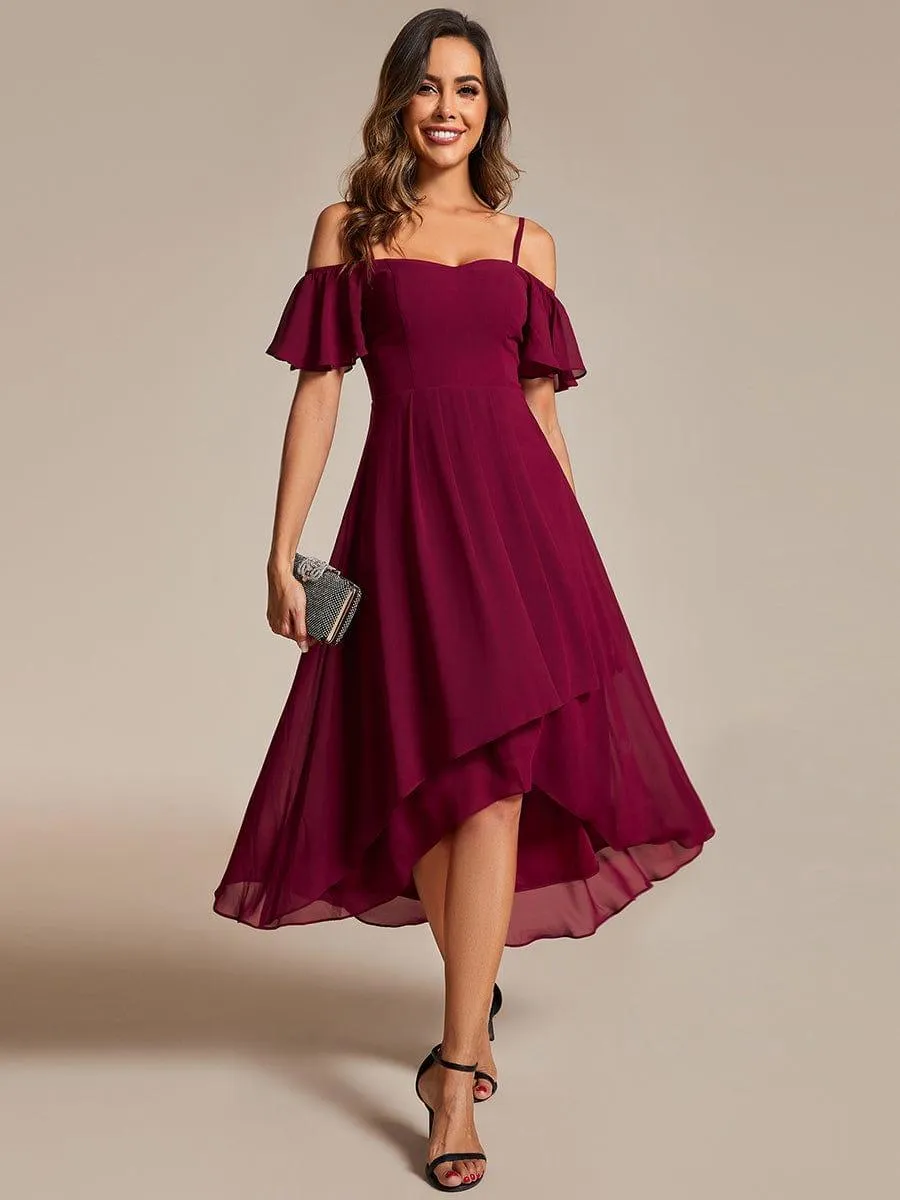 Estelle | Spaghetti Strap Cold Shoulder Chiffon A-Line Midi Wedding Guest Dress