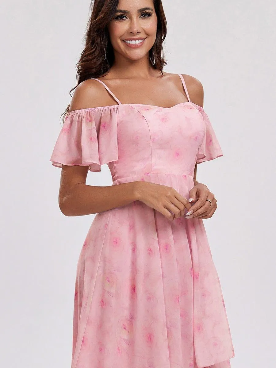 Estelle | Spaghetti Strap Cold Shoulder Chiffon A-Line Midi Wedding Guest Dress