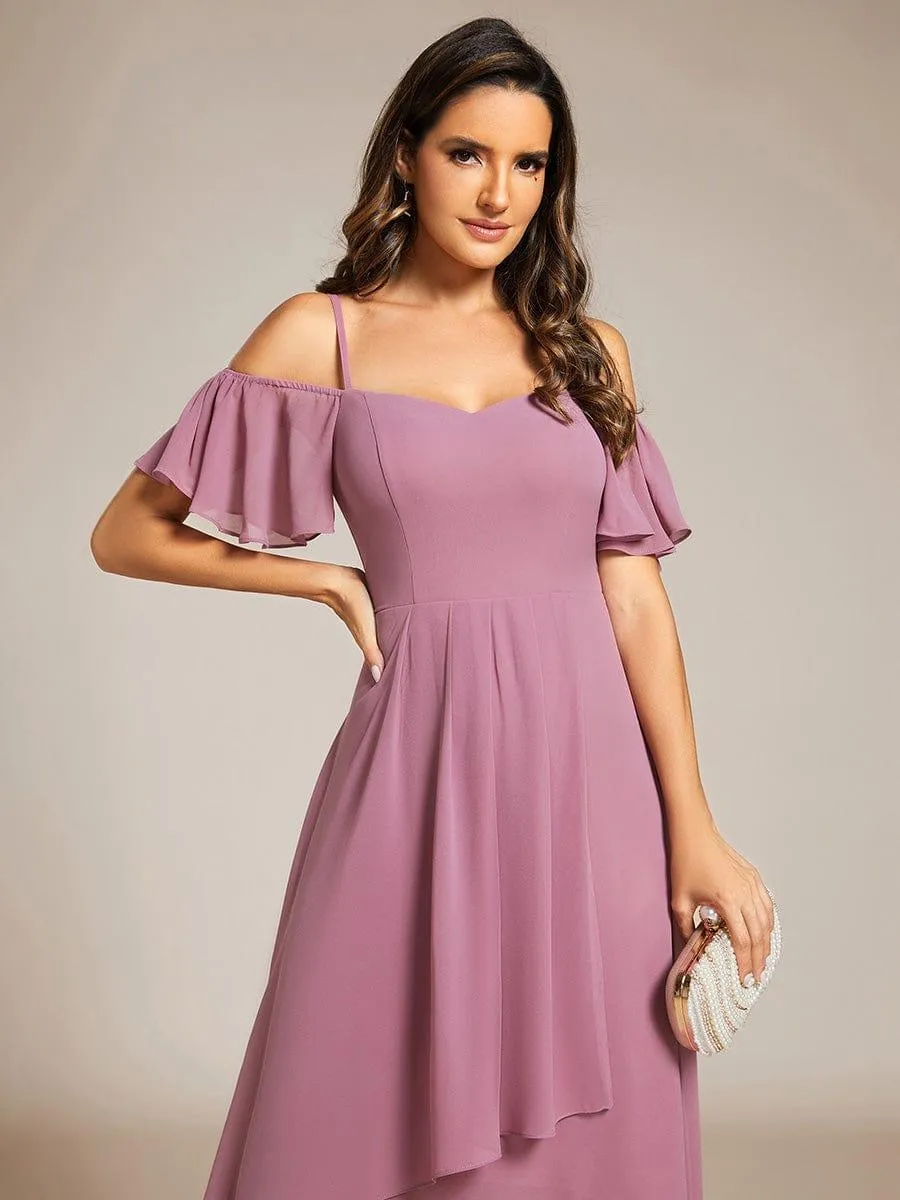 Estelle | Spaghetti Strap Cold Shoulder Chiffon A-Line Midi Wedding Guest Dress
