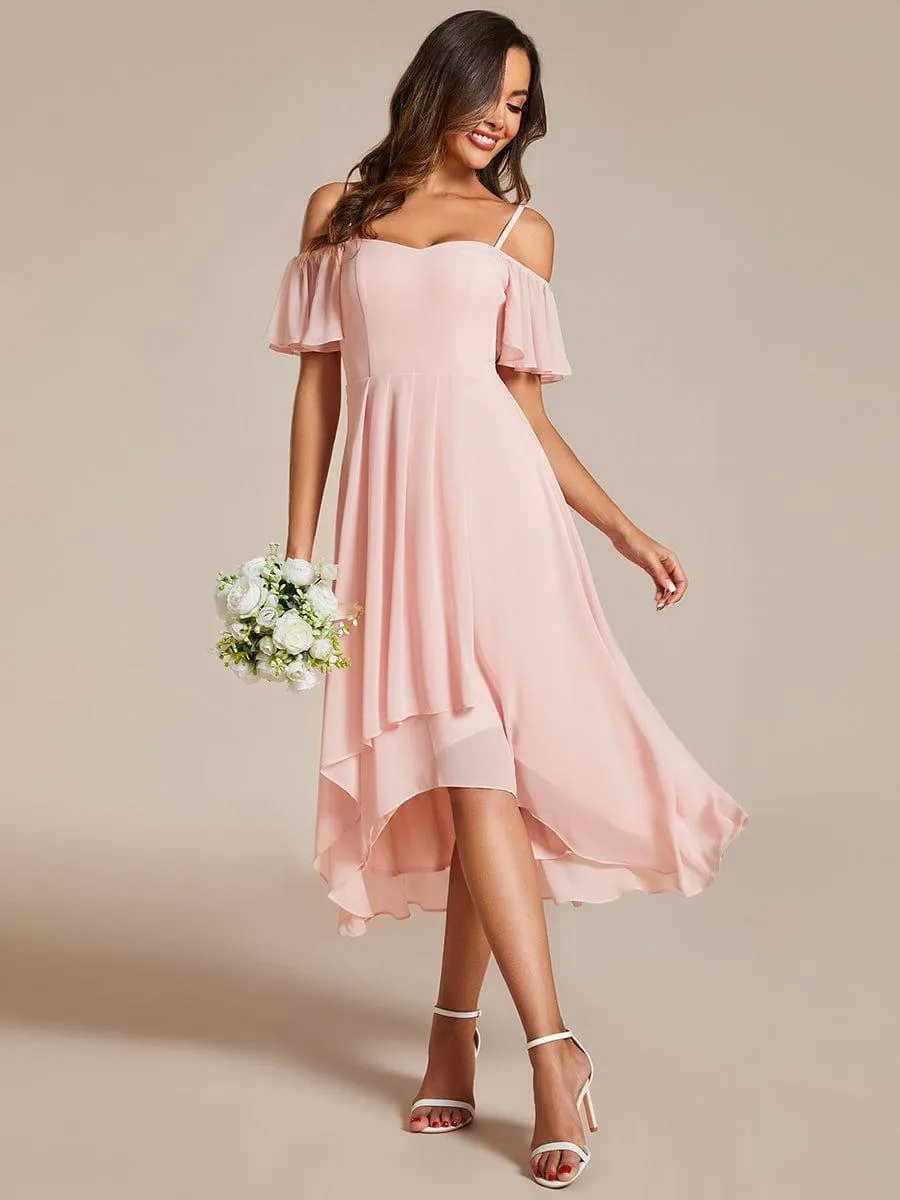 Estelle | Spaghetti Strap Cold Shoulder Chiffon A-Line Midi Wedding Guest Dress