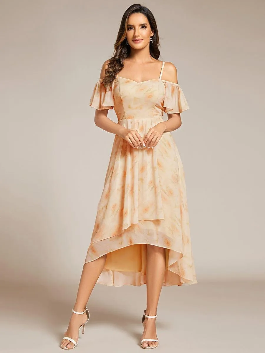 Estelle | Spaghetti Strap Cold Shoulder Chiffon A-Line Midi Wedding Guest Dress