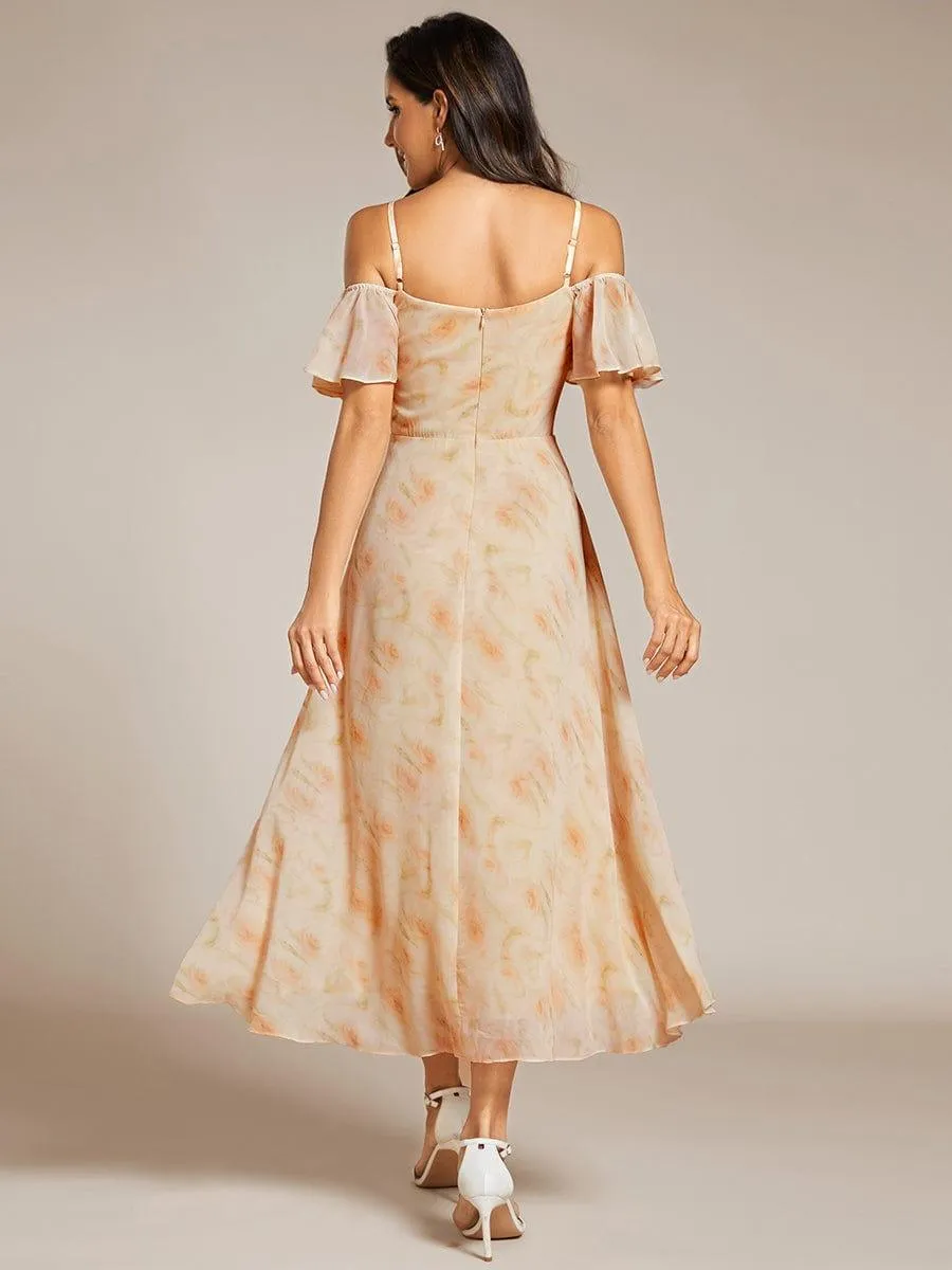 Estelle | Spaghetti Strap Cold Shoulder Chiffon A-Line Midi Wedding Guest Dress