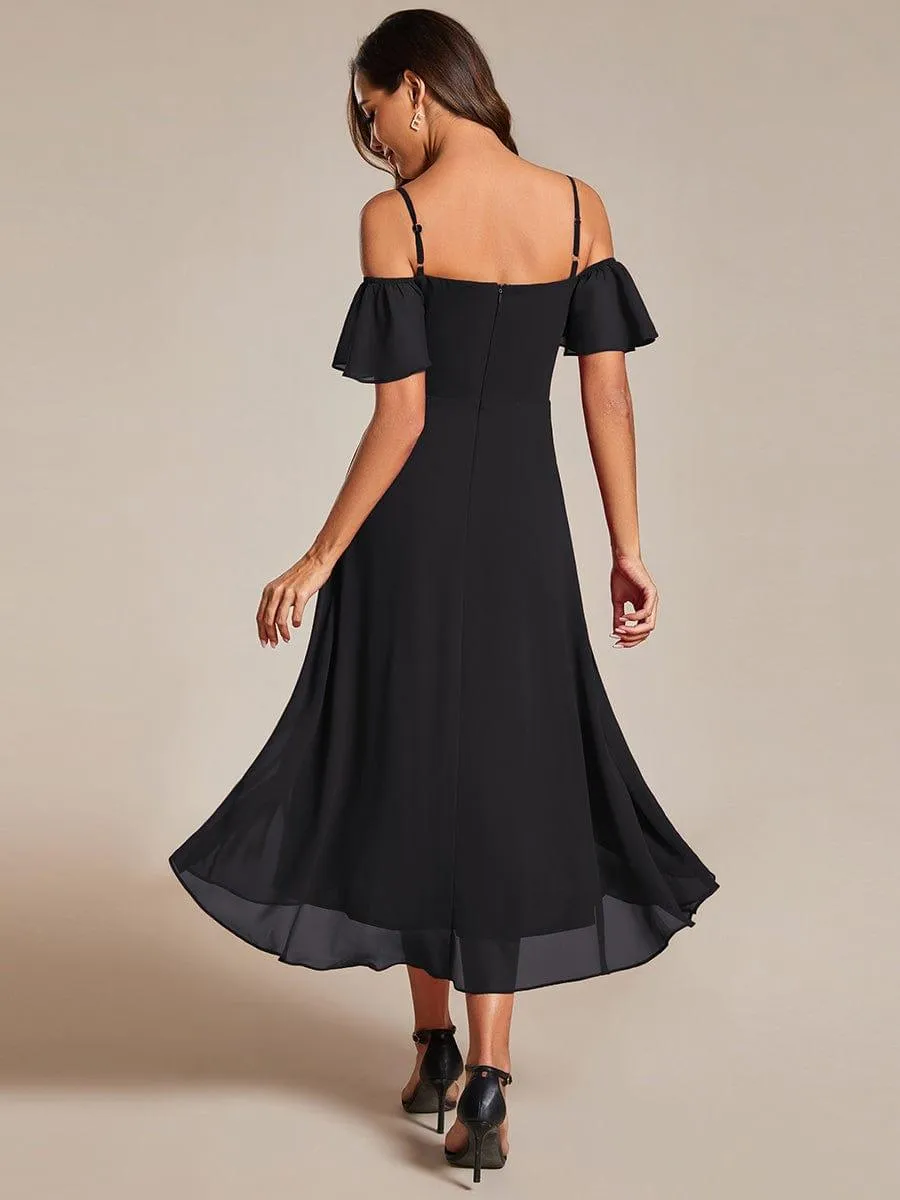 Estelle | Spaghetti Strap Cold Shoulder Chiffon A-Line Midi Wedding Guest Dress