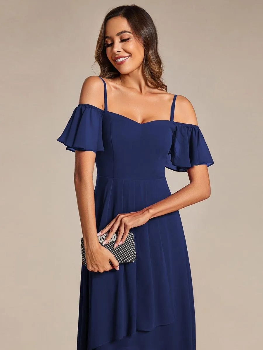 Estelle | Spaghetti Strap Cold Shoulder Chiffon A-Line Midi Wedding Guest Dress