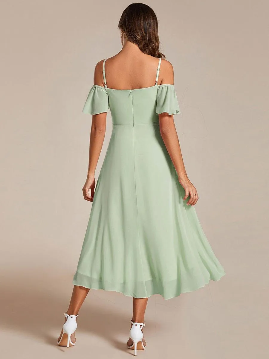 Estelle | Spaghetti Strap Cold Shoulder Chiffon A-Line Midi Wedding Guest Dress