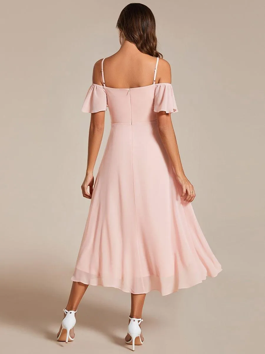 Estelle | Spaghetti Strap Cold Shoulder Chiffon A-Line Midi Wedding Guest Dress