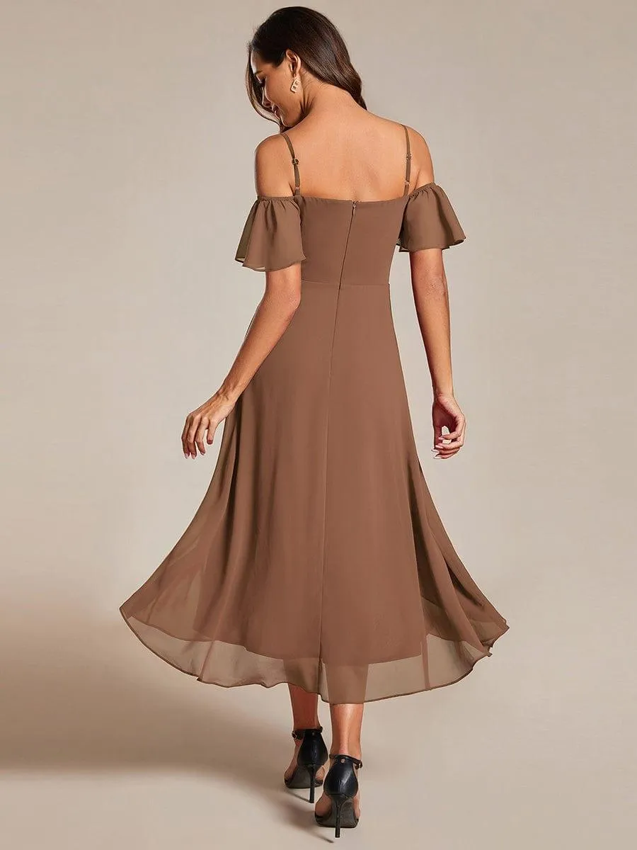 Estelle | Spaghetti Strap Cold Shoulder Chiffon A-Line Midi Wedding Guest Dress