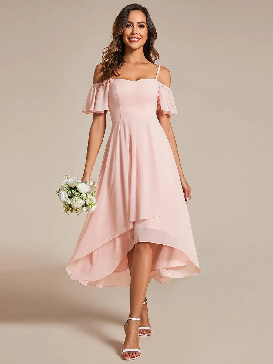 Estelle | Spaghetti Strap Cold Shoulder Chiffon A-Line Midi Wedding Guest Dress