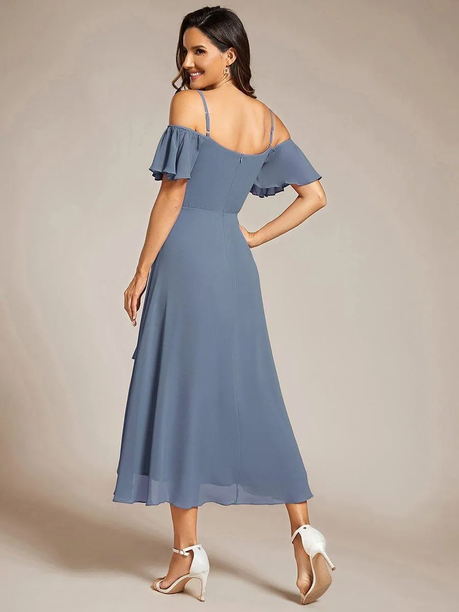 Estelle | Spaghetti Strap Cold Shoulder Chiffon A-Line Midi Wedding Guest Dress
