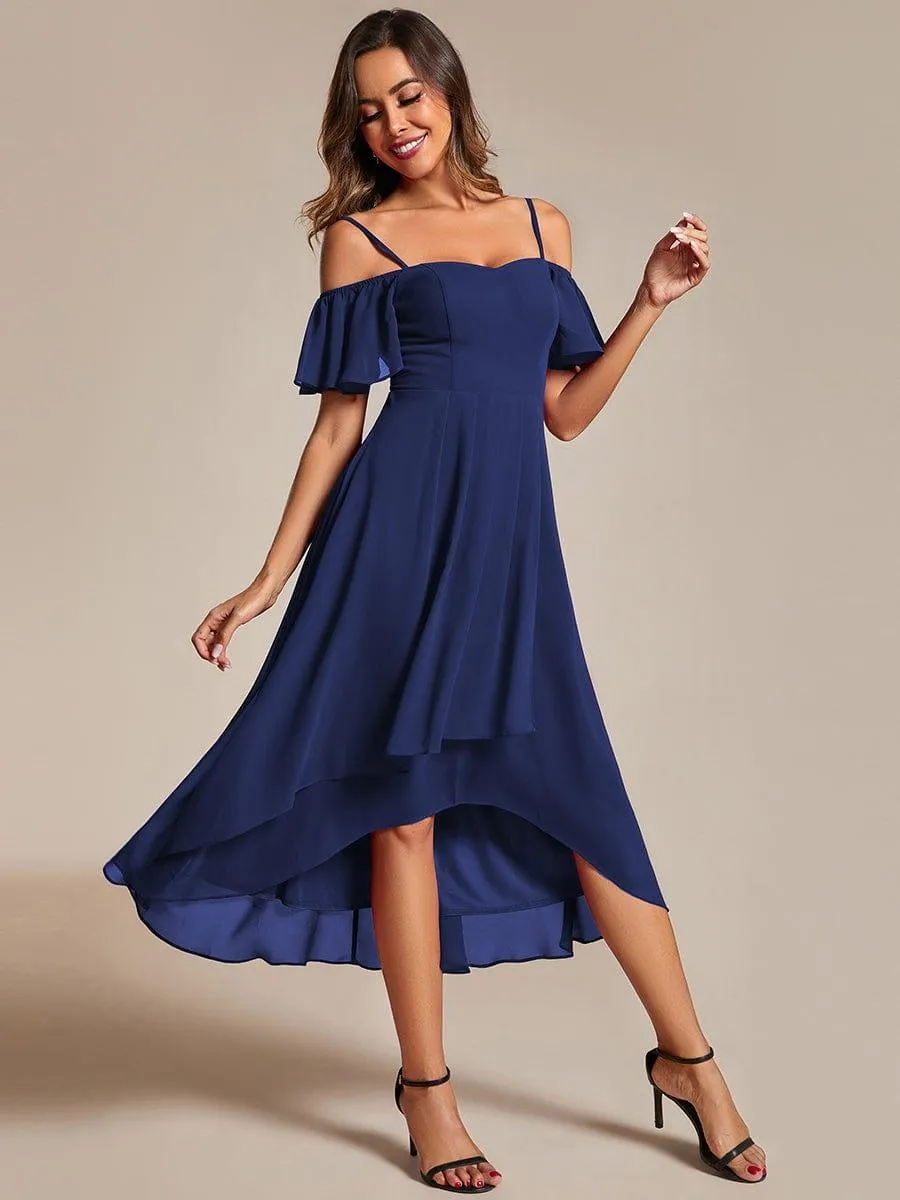 Estelle | Spaghetti Strap Cold Shoulder Chiffon A-Line Midi Wedding Guest Dress