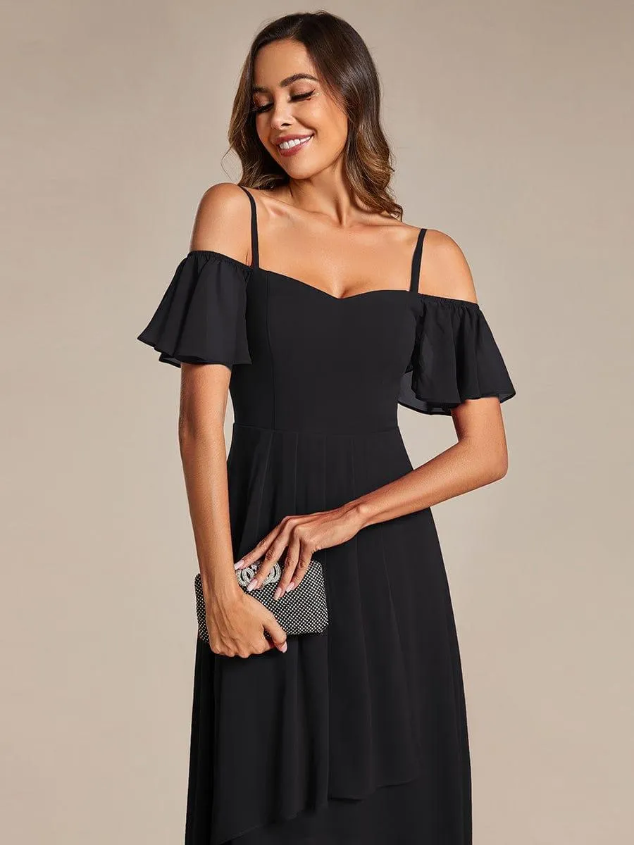 Estelle | Spaghetti Strap Cold Shoulder Chiffon A-Line Midi Wedding Guest Dress