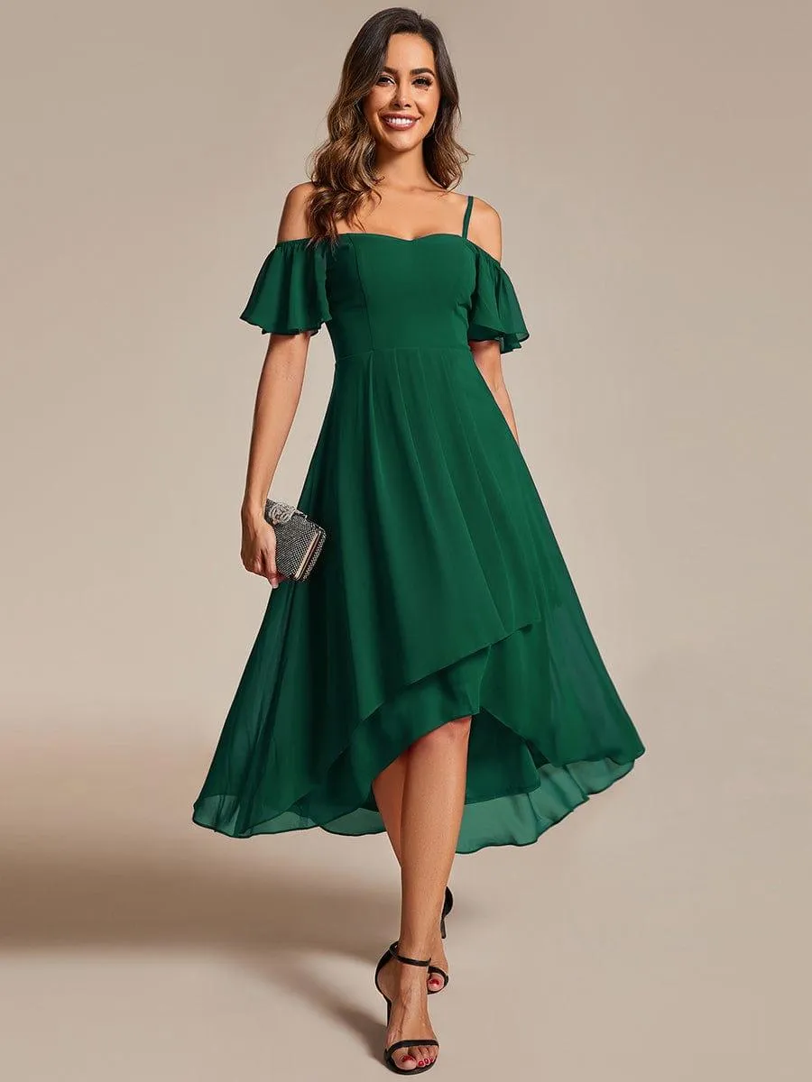 Estelle | Spaghetti Strap Cold Shoulder Chiffon A-Line Midi Wedding Guest Dress