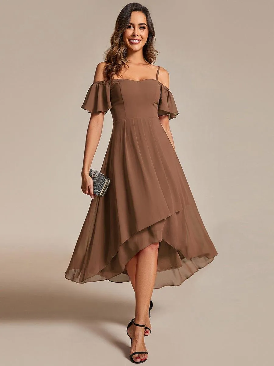 Estelle | Spaghetti Strap Cold Shoulder Chiffon A-Line Midi Wedding Guest Dress