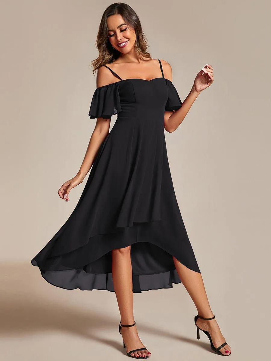 Estelle | Spaghetti Strap Cold Shoulder Chiffon A-Line Midi Wedding Guest Dress