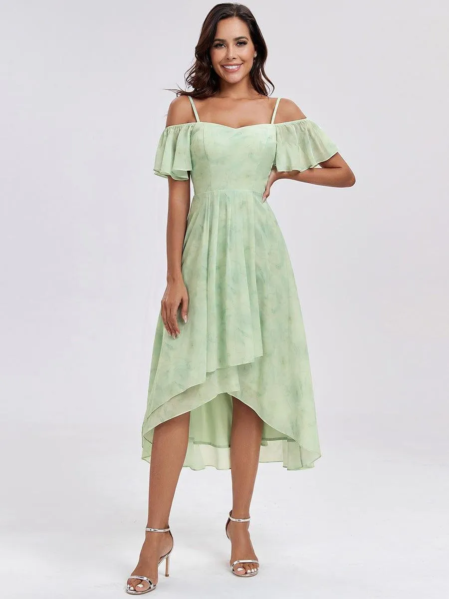 Estelle | Spaghetti Strap Cold Shoulder Chiffon A-Line Midi Wedding Guest Dress