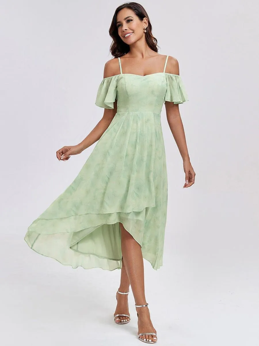 Estelle | Spaghetti Strap Cold Shoulder Chiffon A-Line Midi Wedding Guest Dress