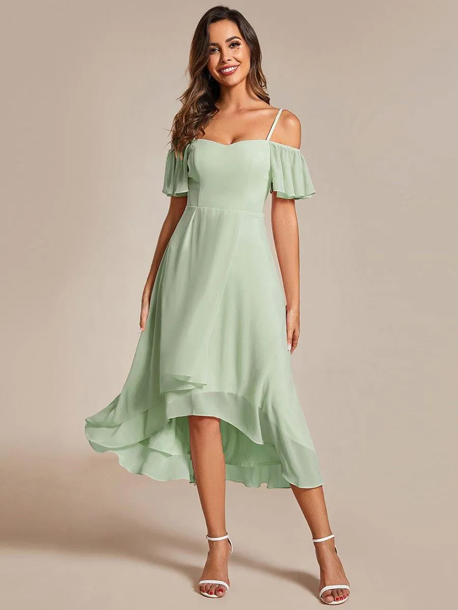 Estelle | Spaghetti Strap Cold Shoulder Chiffon A-Line Midi Wedding Guest Dress