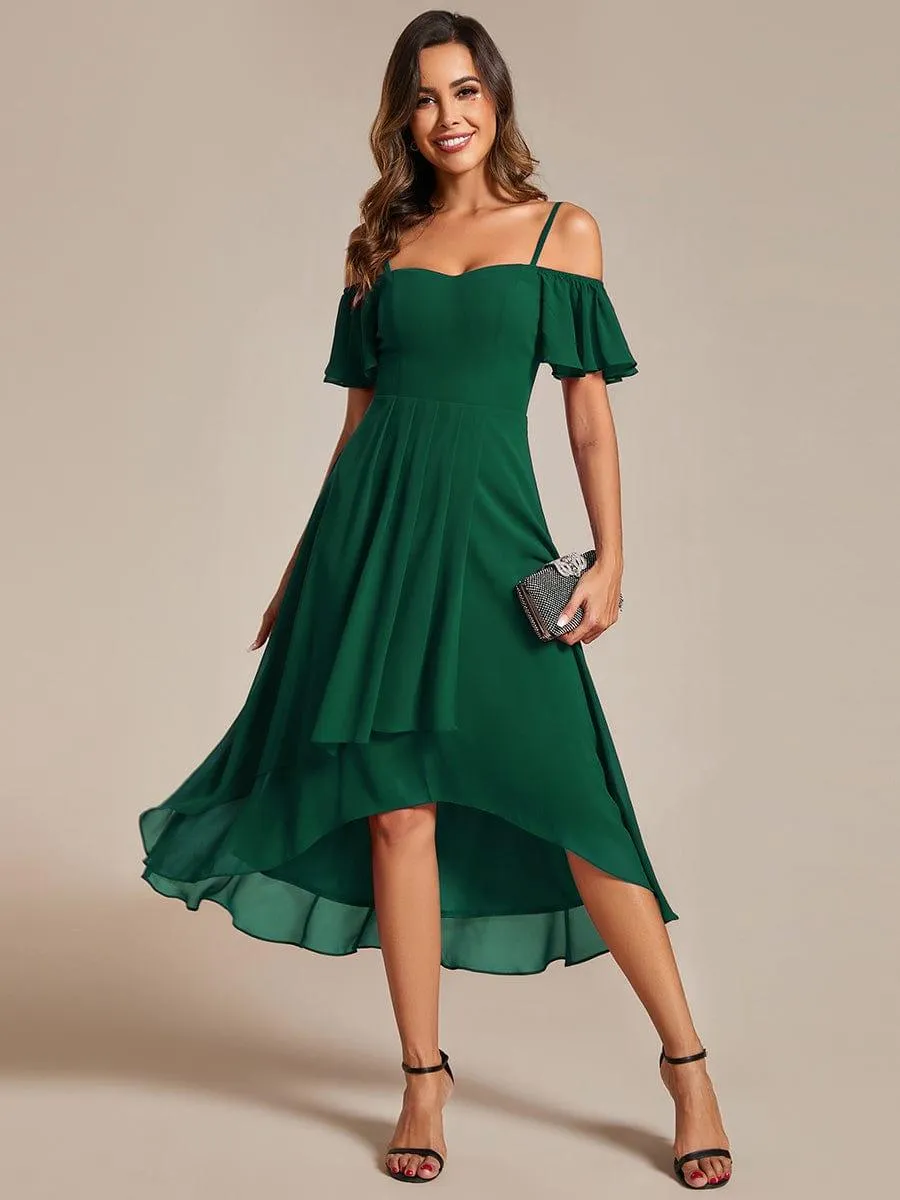 Estelle | Spaghetti Strap Cold Shoulder Chiffon A-Line Midi Wedding Guest Dress