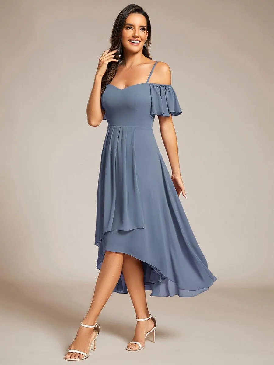 Estelle | Spaghetti Strap Cold Shoulder Chiffon A-Line Midi Wedding Guest Dress