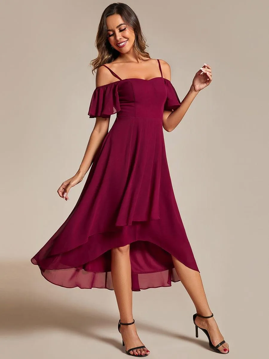 Estelle | Spaghetti Strap Cold Shoulder Chiffon A-Line Midi Wedding Guest Dress