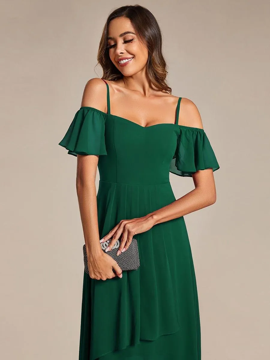 Estelle | Spaghetti Strap Cold Shoulder Chiffon A-Line Midi Wedding Guest Dress