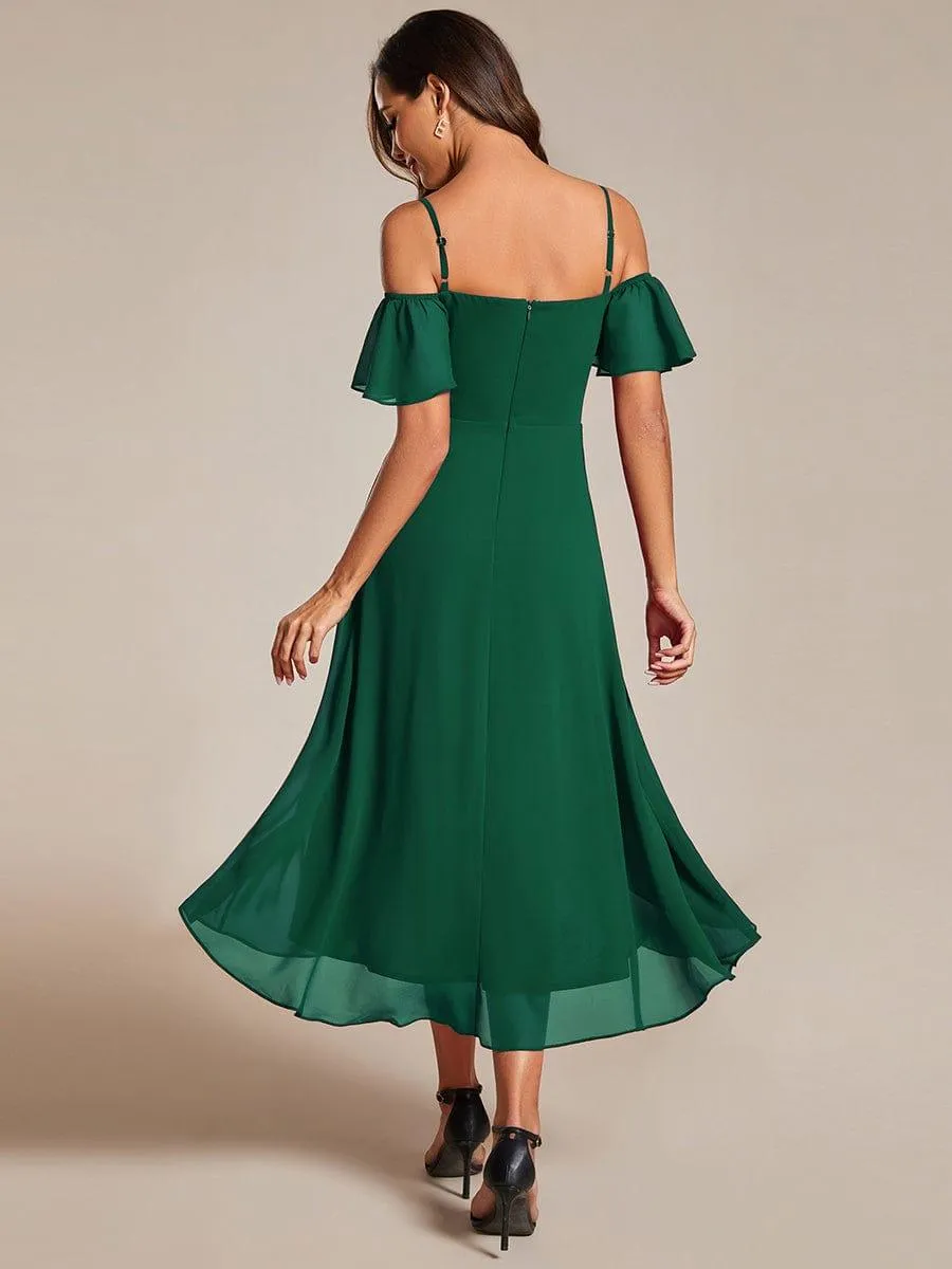 Estelle | Spaghetti Strap Cold Shoulder Chiffon A-Line Midi Wedding Guest Dress