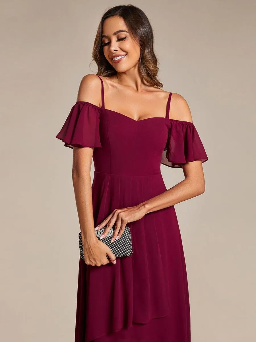 Estelle | Spaghetti Strap Cold Shoulder Chiffon A-Line Midi Wedding Guest Dress