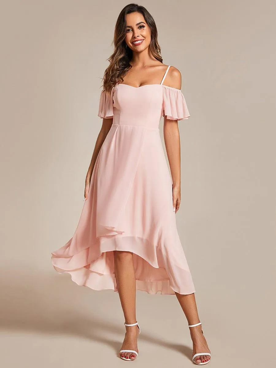 Estelle | Spaghetti Strap Cold Shoulder Chiffon A-Line Midi Wedding Guest Dress