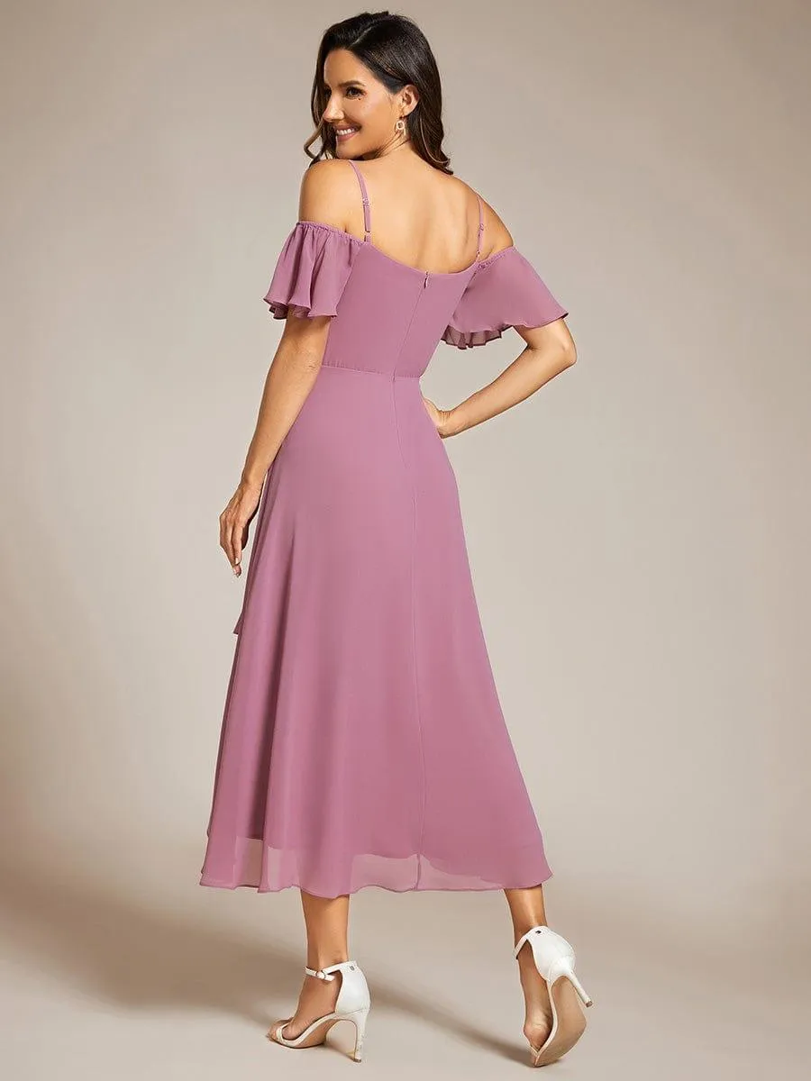 Estelle | Spaghetti Strap Cold Shoulder Chiffon A-Line Midi Wedding Guest Dress