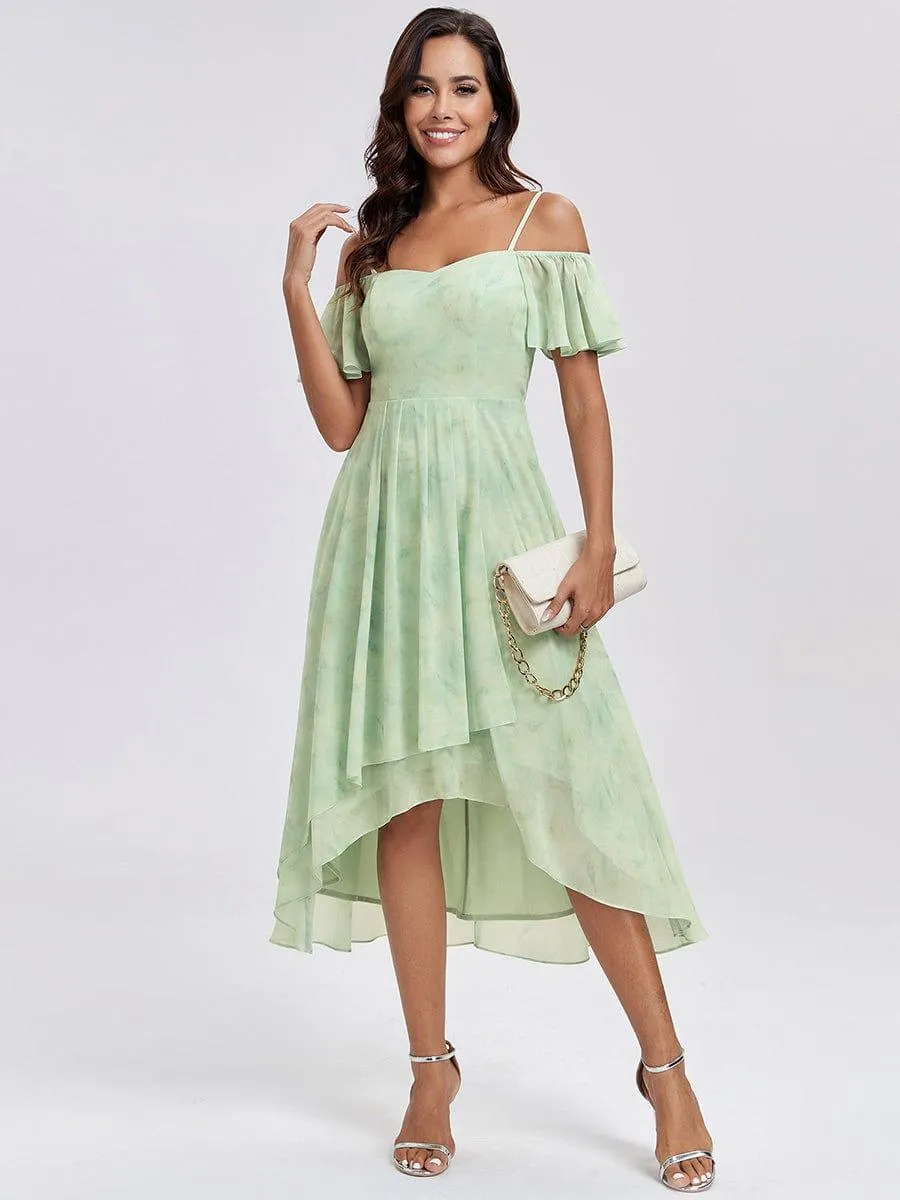 Estelle | Spaghetti Strap Cold Shoulder Chiffon A-Line Midi Wedding Guest Dress