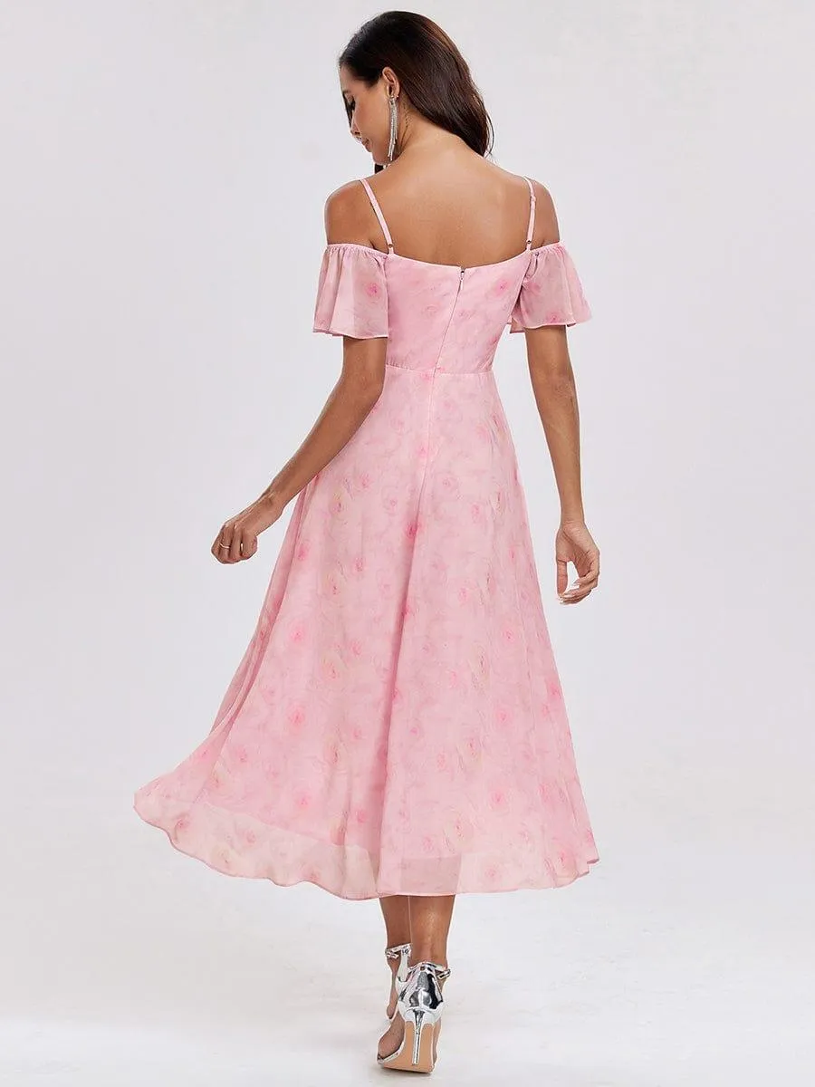 Estelle | Spaghetti Strap Cold Shoulder Chiffon A-Line Midi Wedding Guest Dress