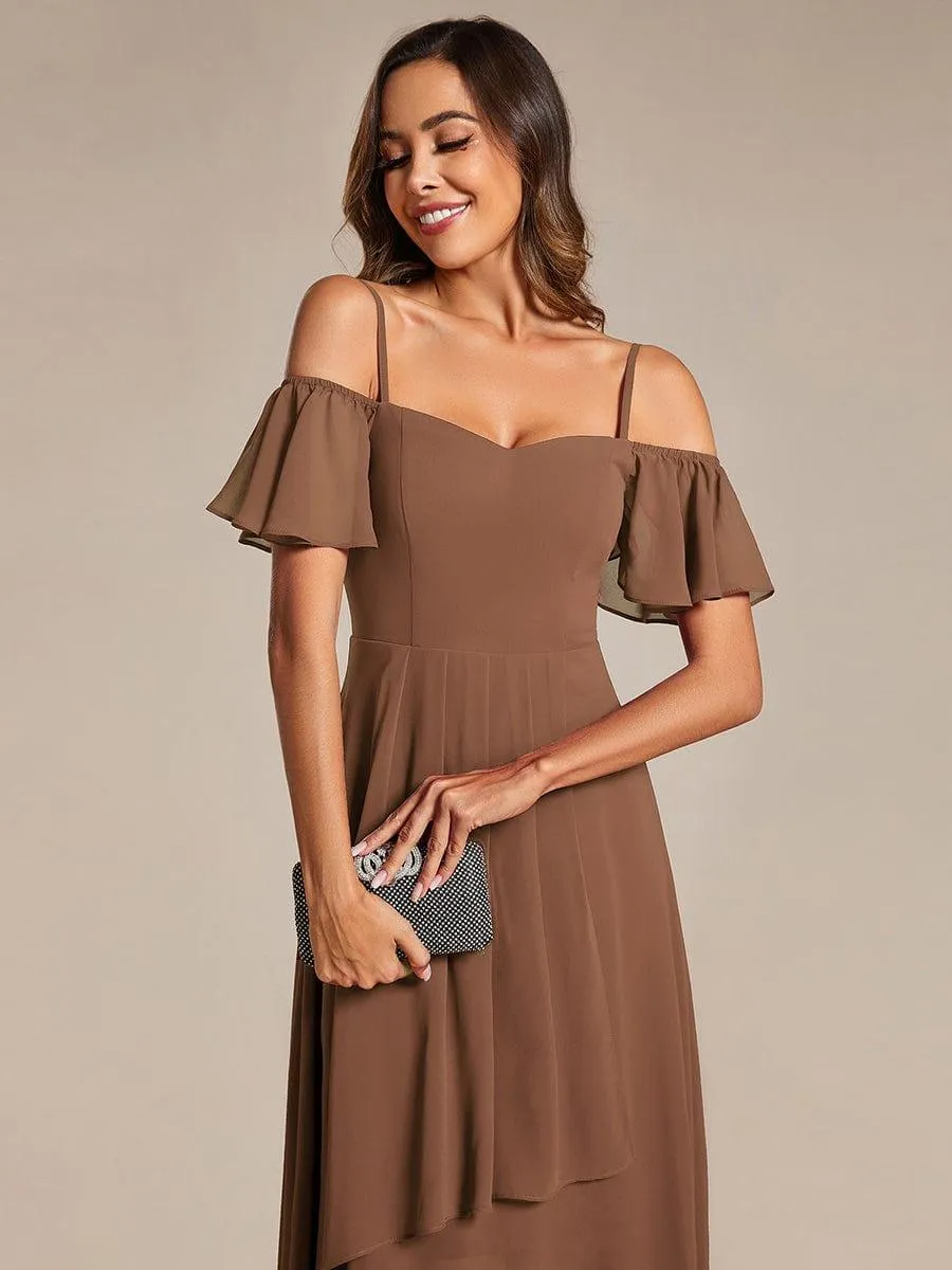 Estelle | Spaghetti Strap Cold Shoulder Chiffon A-Line Midi Wedding Guest Dress