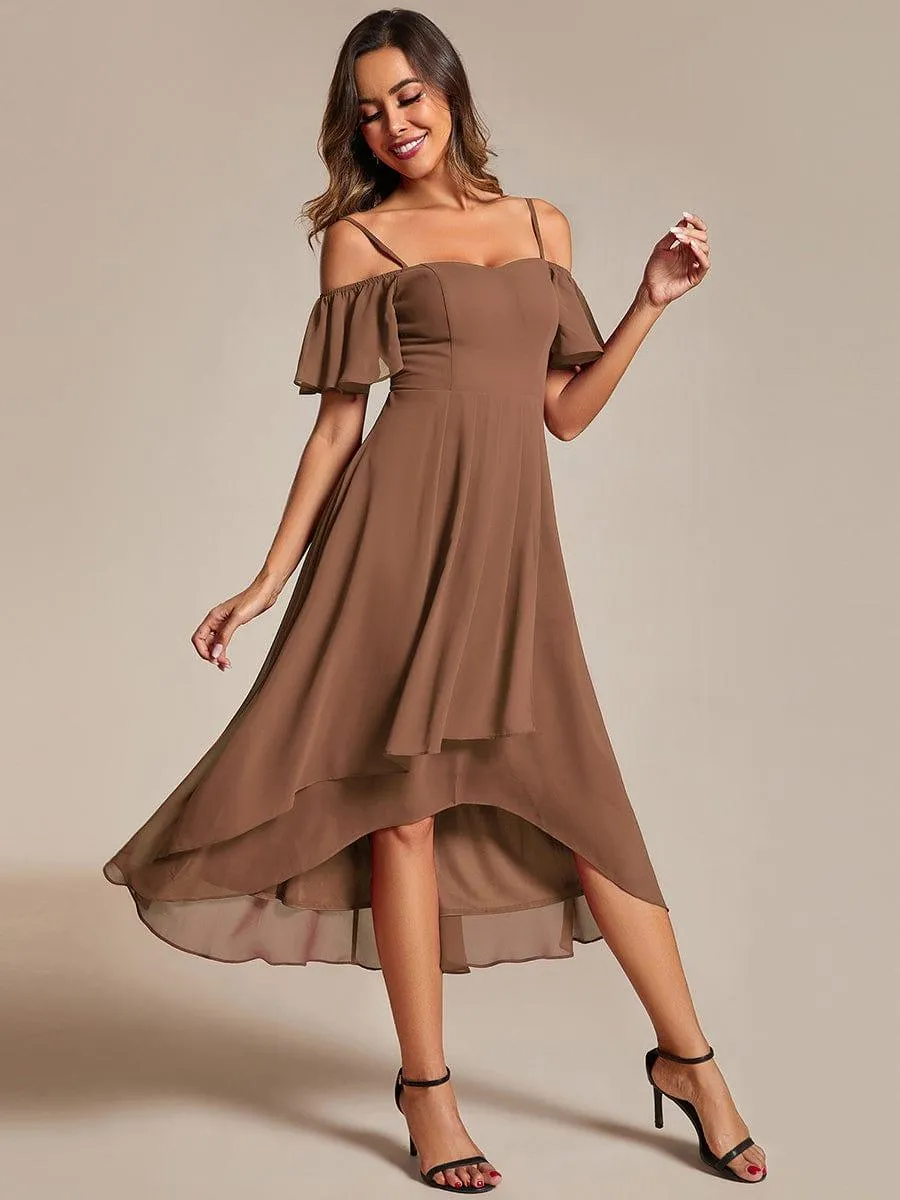 Estelle | Spaghetti Strap Cold Shoulder Chiffon A-Line Midi Wedding Guest Dress
