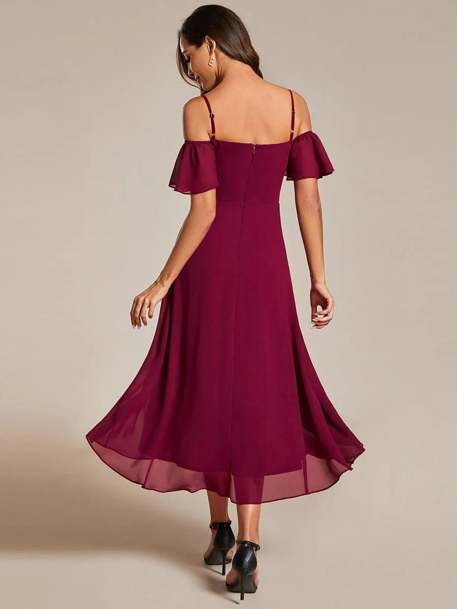 Estelle | Spaghetti Strap Cold Shoulder Chiffon A-Line Midi Wedding Guest Dress
