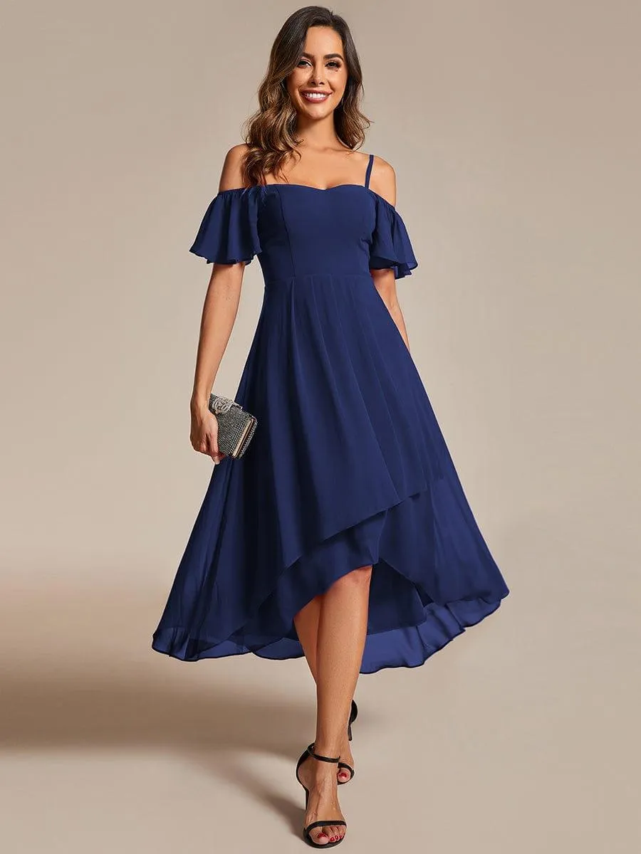 Estelle | Spaghetti Strap Cold Shoulder Chiffon A-Line Midi Wedding Guest Dress