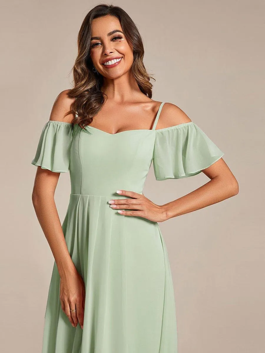 Estelle | Spaghetti Strap Cold Shoulder Chiffon A-Line Midi Wedding Guest Dress