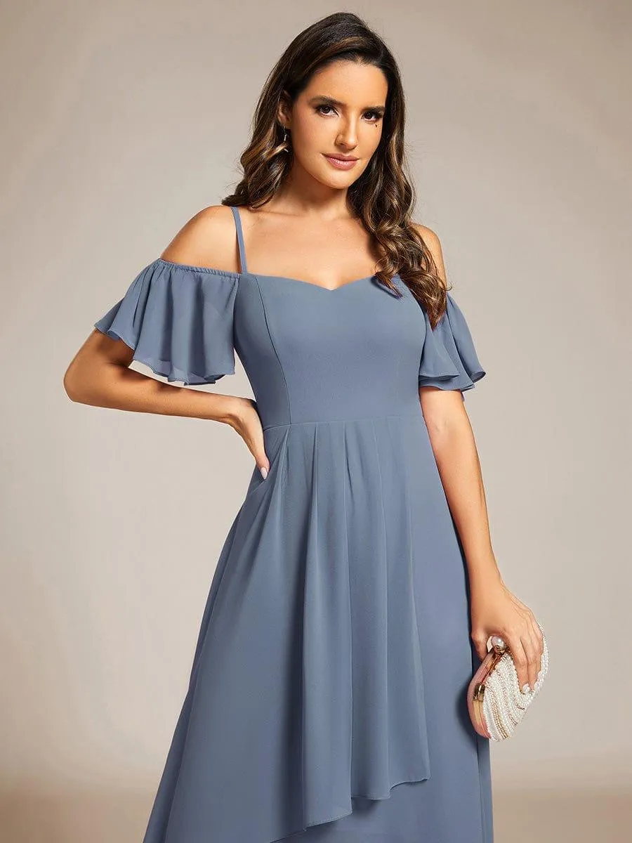 Estelle | Spaghetti Strap Cold Shoulder Chiffon A-Line Midi Wedding Guest Dress